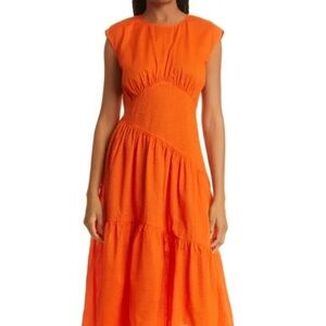 FRAME Orange Gathered Seam Midi Dress